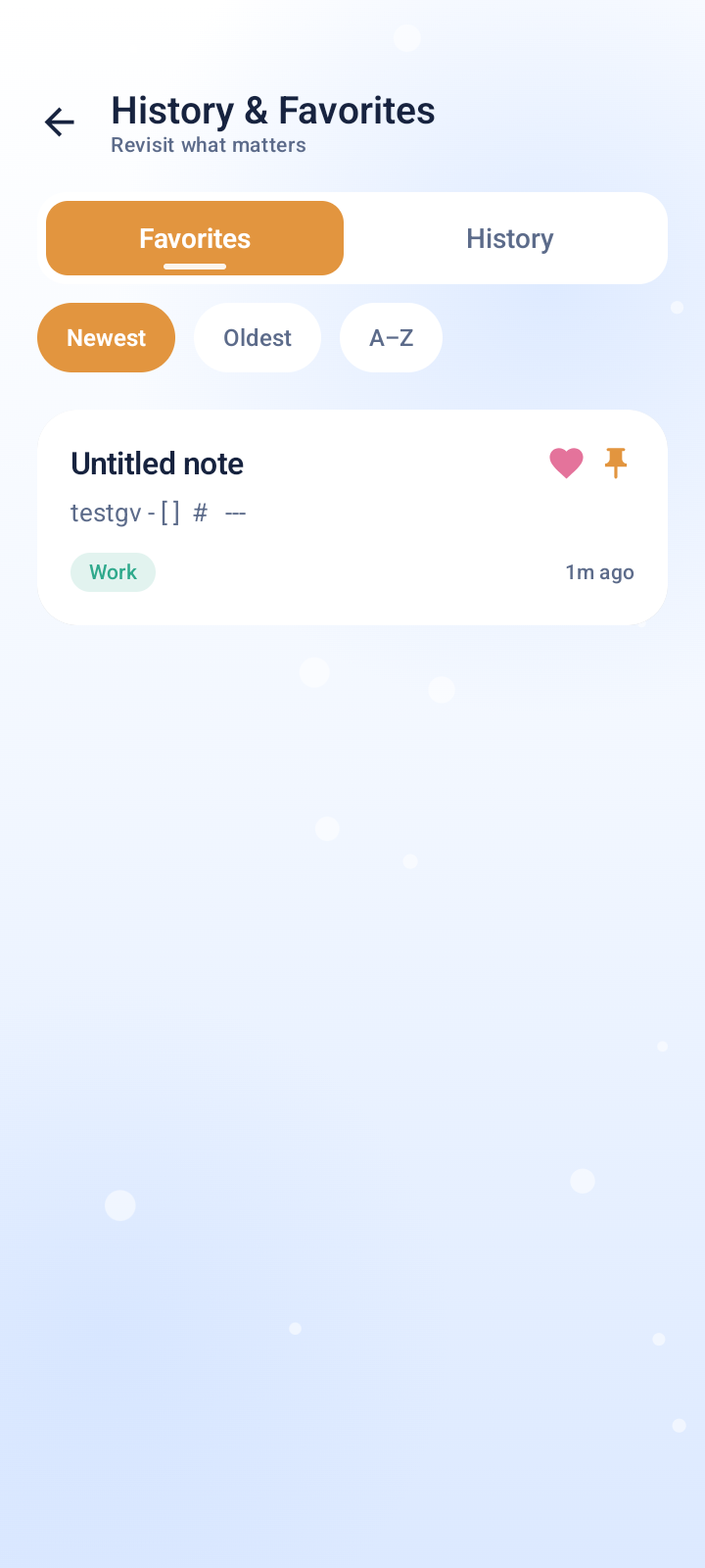 WhiteNote Journal history and favourites screen